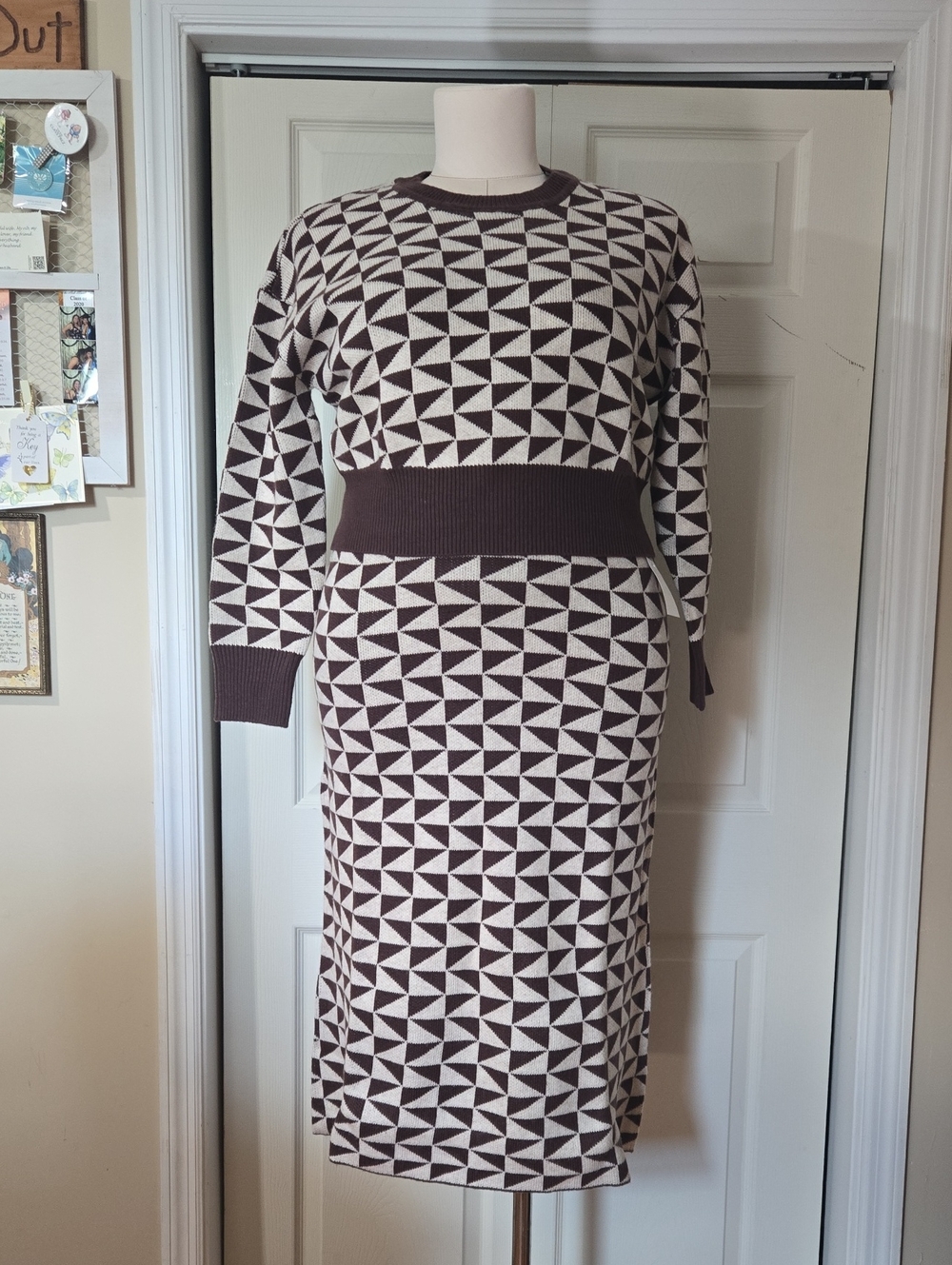 11 Honore Geometric Knit Two-Piece Dress Set - Brown & Cream